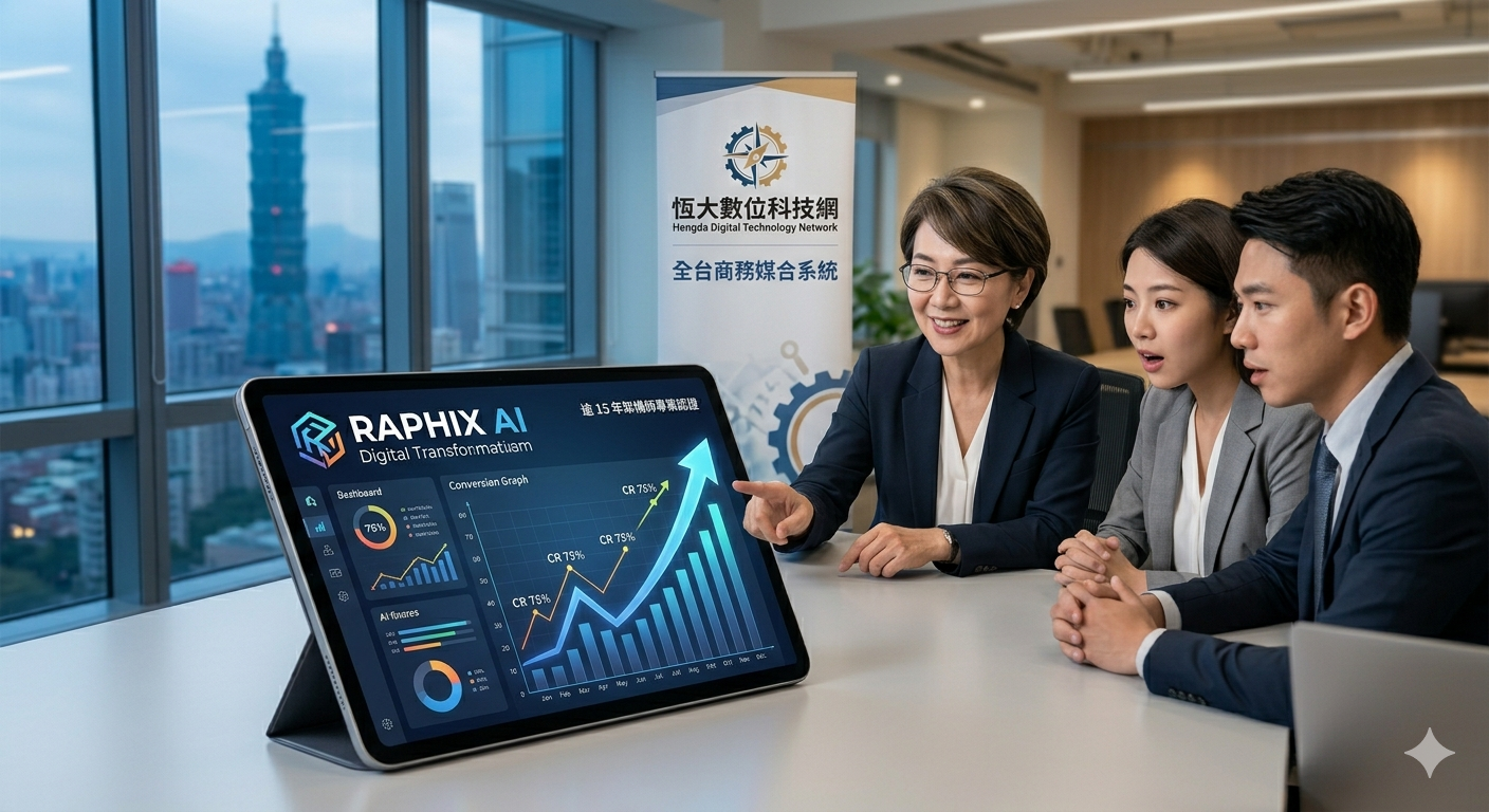意如老師透過平板展示拉菲斯 AI (RAPHIX AI) 驅動的恆大數位科技網高轉化系統介面，並強調全台商務媒合系統的實質獲利。